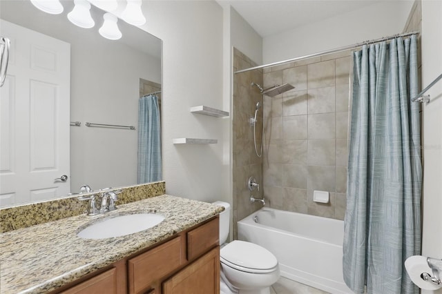 full bathroom featuring vanity, shower / bath combination with curtain, and toilet