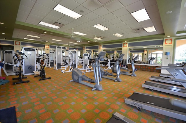 gym featuring a drop ceiling and carpet flooring