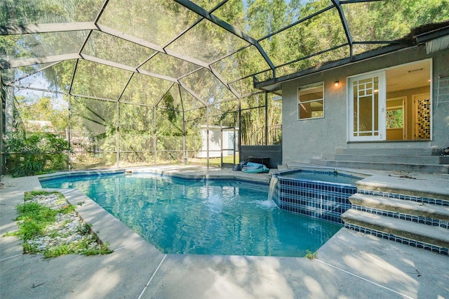 outdoor pool with glass enclosure, an outdoor structure, and central air condition unit