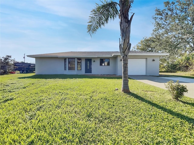 ranch-style house featuring a garage, concrete driveway, a front lawn, and stucco siding