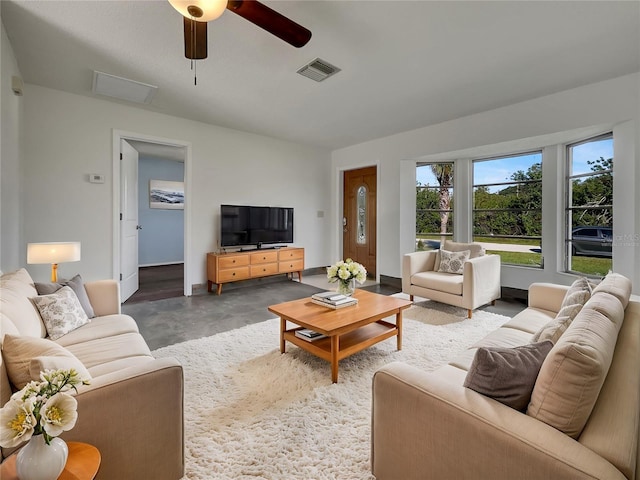 living area with concrete flooring, visible vents, and a ceiling fan