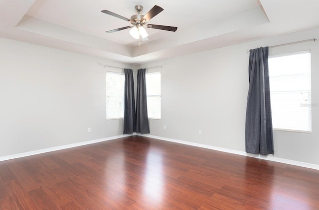 empty room featuring a wealth of natural light, baseboards, a raised ceiling, and wood finished floors