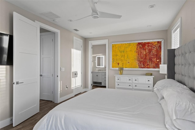 bedroom featuring a ceiling fan, visible vents, dark wood finished floors, and baseboards