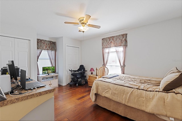 bedroom featuring dark wood-style floors, multiple windows, two closets, and ceiling fan