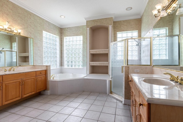 full bath with wallpapered walls, ornamental molding, and a sink