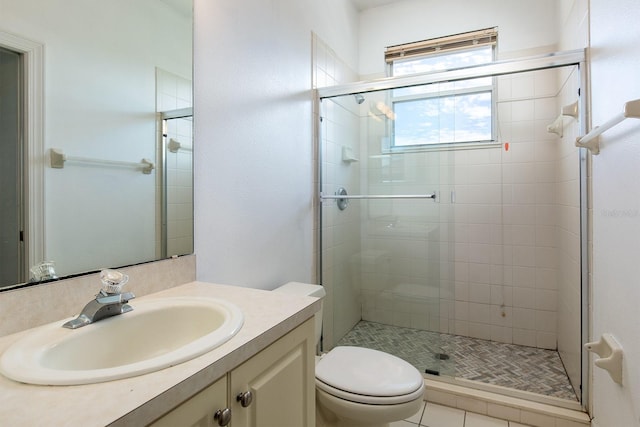 full bathroom featuring toilet, a stall shower, and vanity