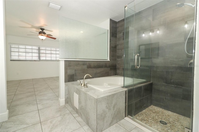 full bathroom with ceiling fan, visible vents, a shower stall, a bath, and tile patterned floors