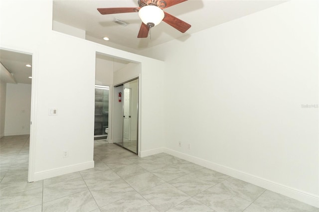 unfurnished room featuring a ceiling fan, recessed lighting, and baseboards