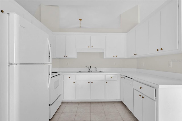 kitchen featuring light countertops, light tile patterned floors, white cabinets, white appliances, and a sink