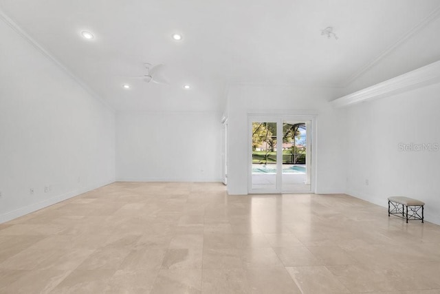 unfurnished room with baseboards, ornamental molding, a ceiling fan, and recessed lighting