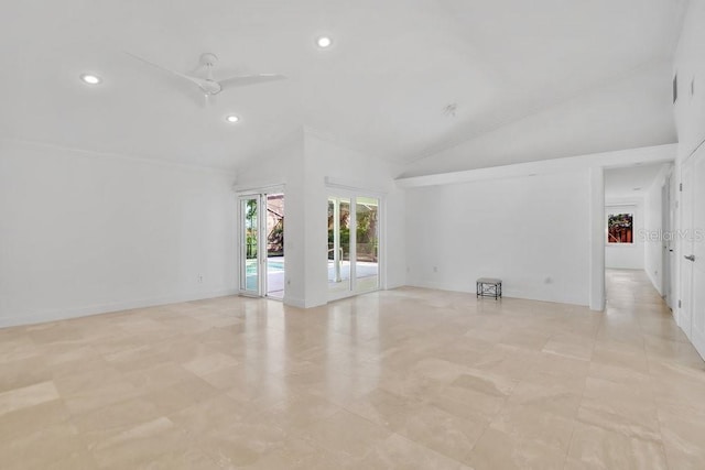 unfurnished living room featuring high vaulted ceiling, recessed lighting, and baseboards