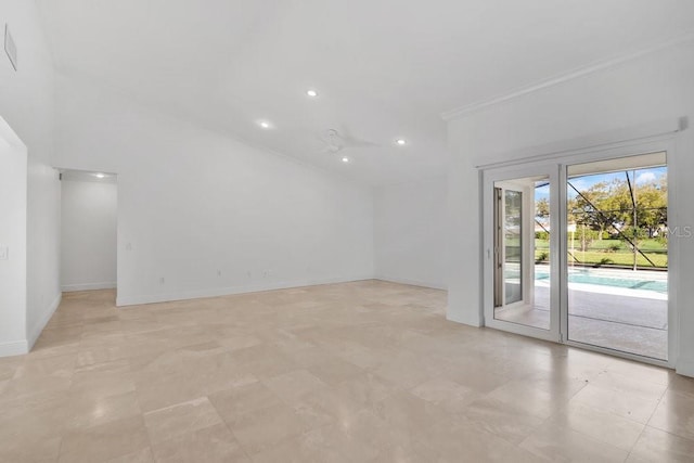 unfurnished living room with ornamental molding, recessed lighting, and baseboards