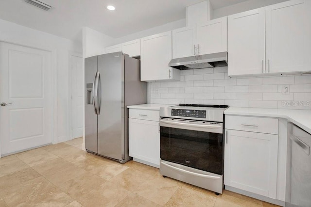 kitchen featuring stainless steel appliances, light countertops, visible vents, backsplash, and under cabinet range hood