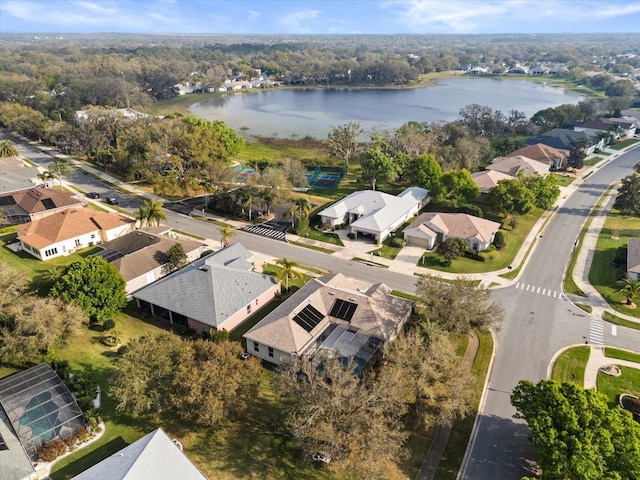 aerial view featuring a water view and a residential view