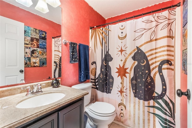 full bath with curtained shower, vanity, toilet, and tile patterned floors