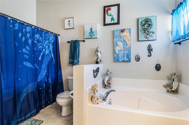 bathroom with tile patterned floors, curtained shower, toilet, and a bath