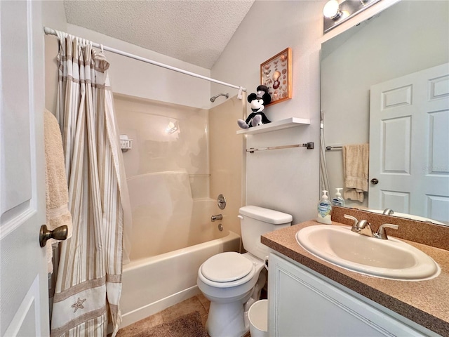 bathroom with shower / tub combo with curtain, toilet, a textured ceiling, vanity, and tile patterned flooring