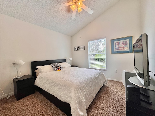 bedroom featuring lofted ceiling, ceiling fan, a textured ceiling, baseboards, and carpet