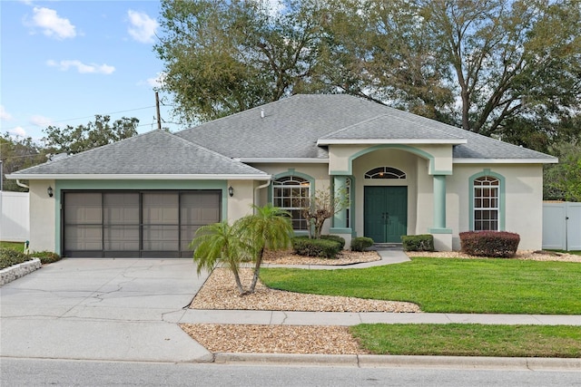 ranch-style home with a garage, driveway, fence, a front lawn, and stucco siding