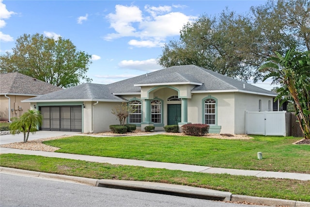 ranch-style house with concrete driveway, a front yard, an attached garage, and stucco siding