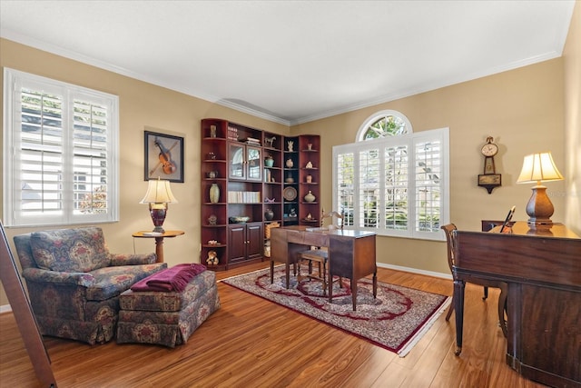 office space featuring ornamental molding, plenty of natural light, wood finished floors, and baseboards