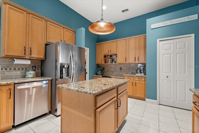 kitchen with stainless steel appliances, light tile patterned flooring, open shelves, and pendant lighting