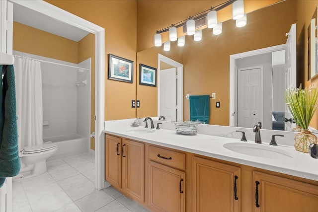 full bathroom featuring double vanity, shower / tub combo, toilet, and a sink