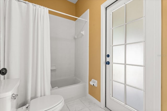 full bathroom with toilet, tile patterned flooring, and shower / bathtub combination with curtain