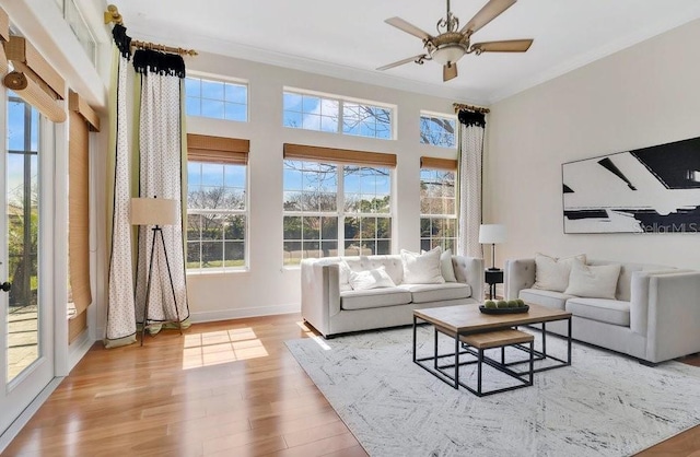 living area featuring ceiling fan, baseboards, wood finished floors, and crown molding