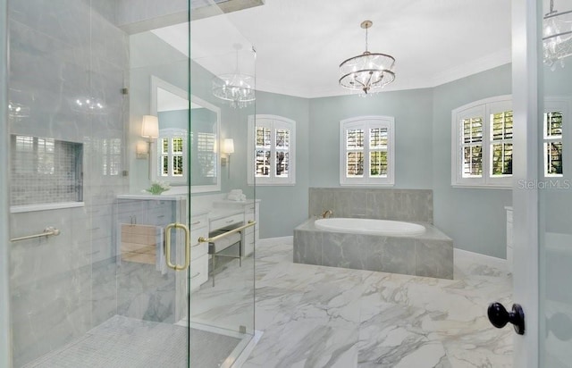 full bath featuring a marble finish shower, an inviting chandelier, ornamental molding, a bath, and marble finish floor