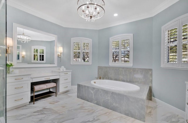 bathroom featuring baseboards, crown molding, a garden tub, a notable chandelier, and marble finish floor