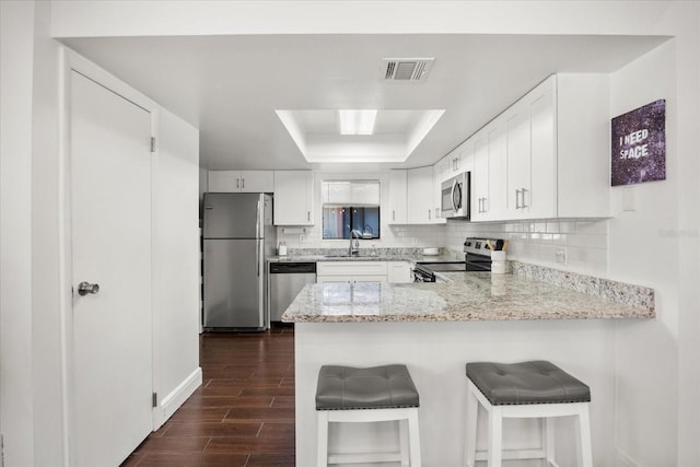 kitchen with appliances with stainless steel finishes, a tray ceiling, visible vents, and decorative backsplash