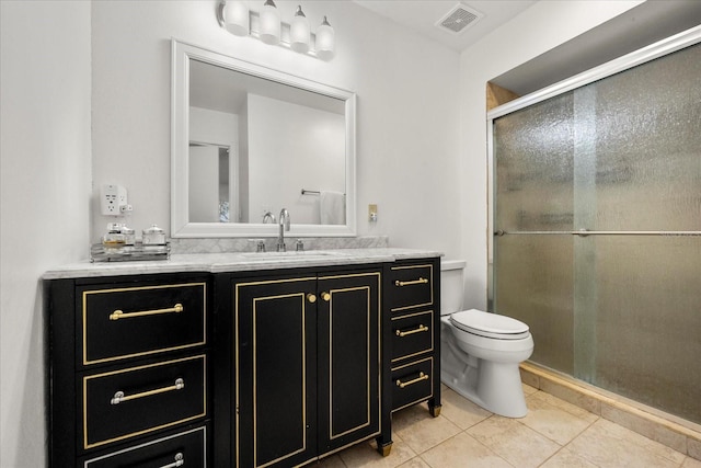 bathroom featuring tile patterned flooring, toilet, vanity, visible vents, and a shower stall