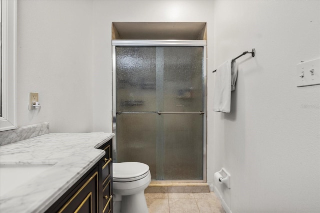 bathroom featuring a stall shower, vanity, toilet, and tile patterned floors