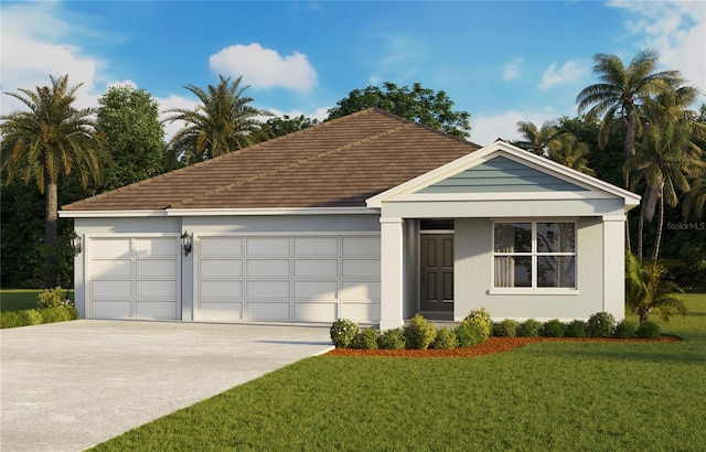 view of front of home featuring a garage, a tile roof, concrete driveway, stucco siding, and a front lawn