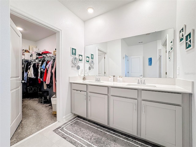 bathroom with double vanity, a spacious closet, and a sink