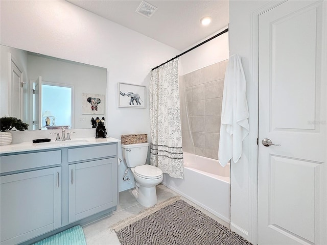 bathroom with visible vents, toilet, tile patterned flooring, shower / bathtub combination with curtain, and vanity