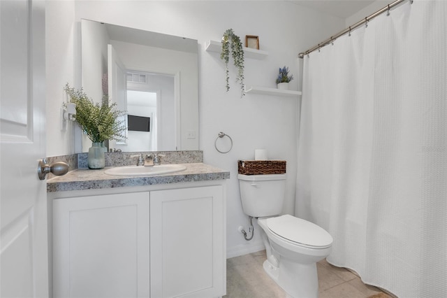 bathroom featuring toilet, visible vents, baseboards, vanity, and tile patterned floors