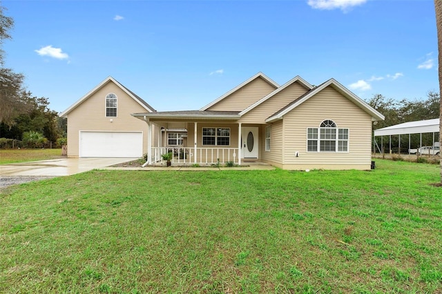 ranch-style home with driveway, a porch, and a front yard