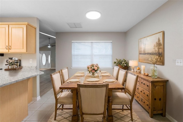 dining room with a ceiling fan, visible vents, baseboards, and light tile patterned floors