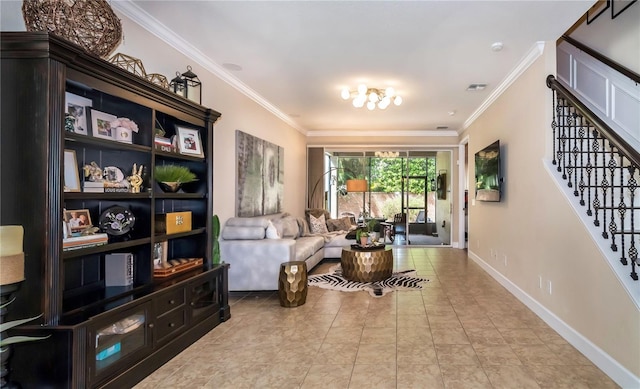 living area with ornamental molding, visible vents, baseboards, and stairs