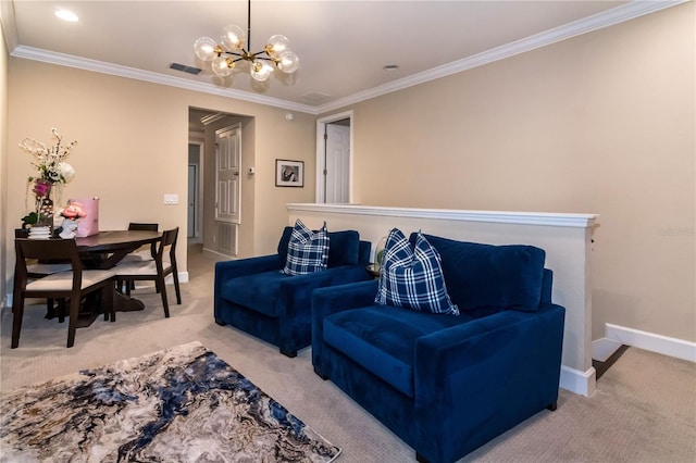 living room featuring a notable chandelier, light colored carpet, visible vents, baseboards, and crown molding