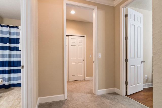 hall featuring baseboards and carpet flooring