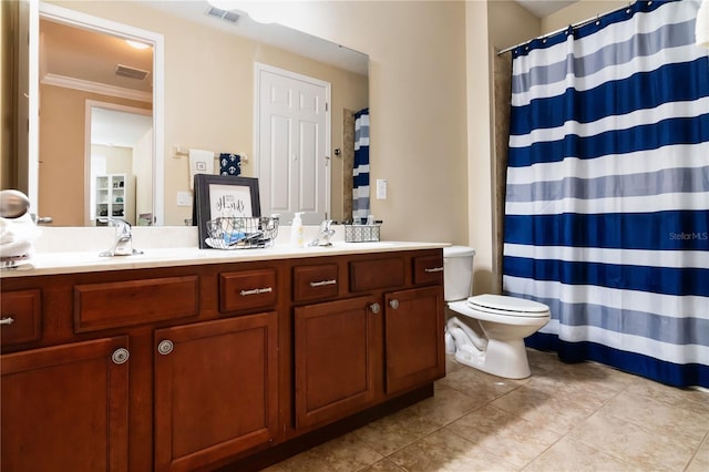 full bathroom with toilet, a sink, visible vents, tile patterned floors, and double vanity