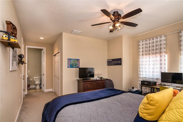 carpeted bedroom with ceiling fan, baseboards, and recessed lighting