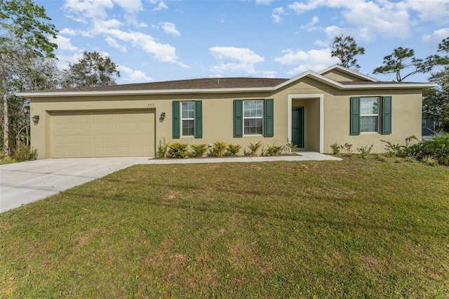 ranch-style house with an attached garage, driveway, a front lawn, and stucco siding