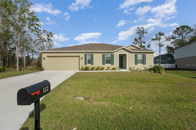 single story home featuring a garage, driveway, a front yard, and stucco siding