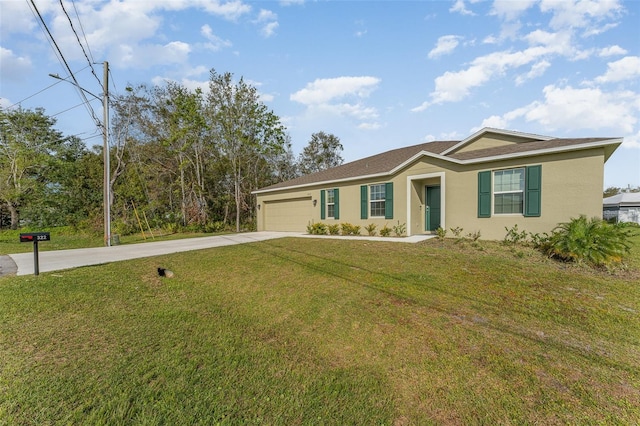 ranch-style house featuring a garage, a front yard, concrete driveway, and stucco siding