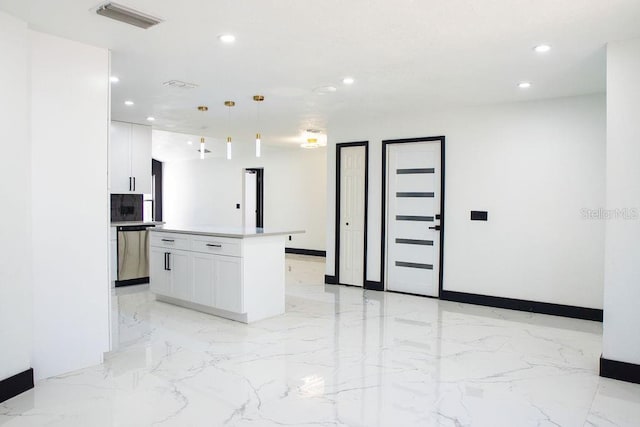 kitchen with dishwasher, recessed lighting, visible vents, and white cabinetry