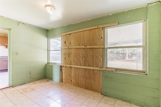 spare room with concrete block wall